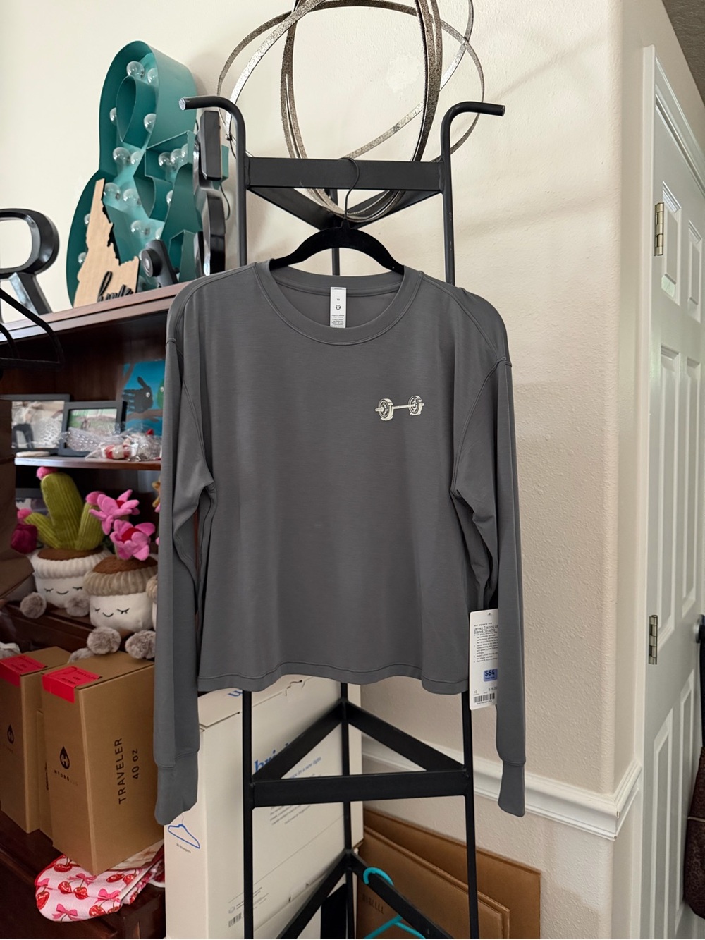 Gray Long Sleeve Tee with Small Barbell Logo